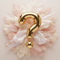 Glossy gold question mark surrounded by blush and pearlescent swirls